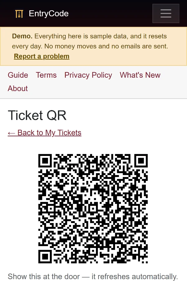 A guest's entry QR code on a phone, with the note: show this at the door, it refreshes automatically.