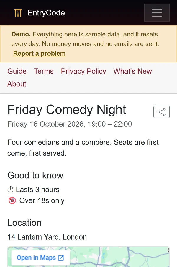 A guest's view of an event page on a phone: Friday Comedy Night, date and time, over-18s only, and the venue's location on a map.