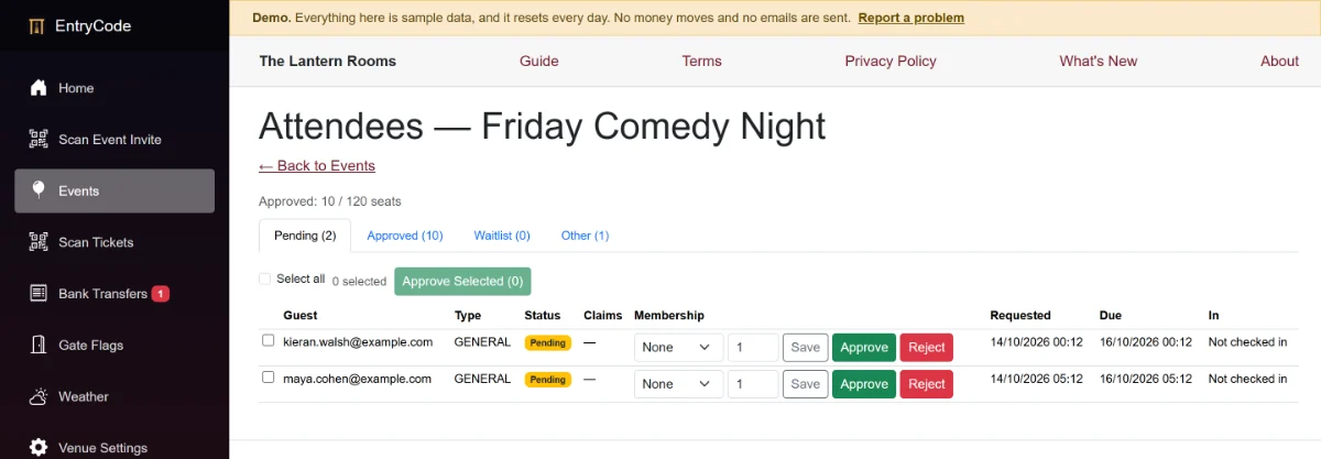 The venue's attendee list for Friday Comedy Night, with two pending requests, each with Approve and Reject buttons.
