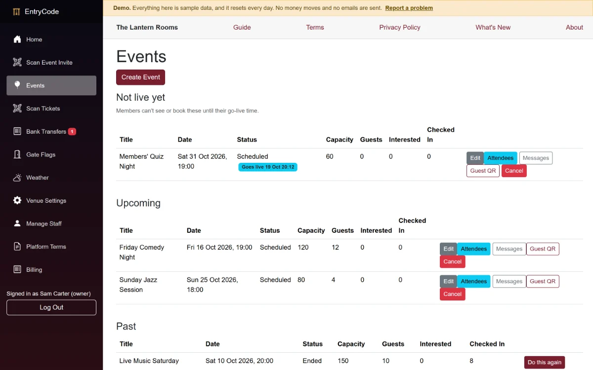 The venue's events page: one event not live yet, two upcoming and one past, with capacity, guests and check-ins for each.